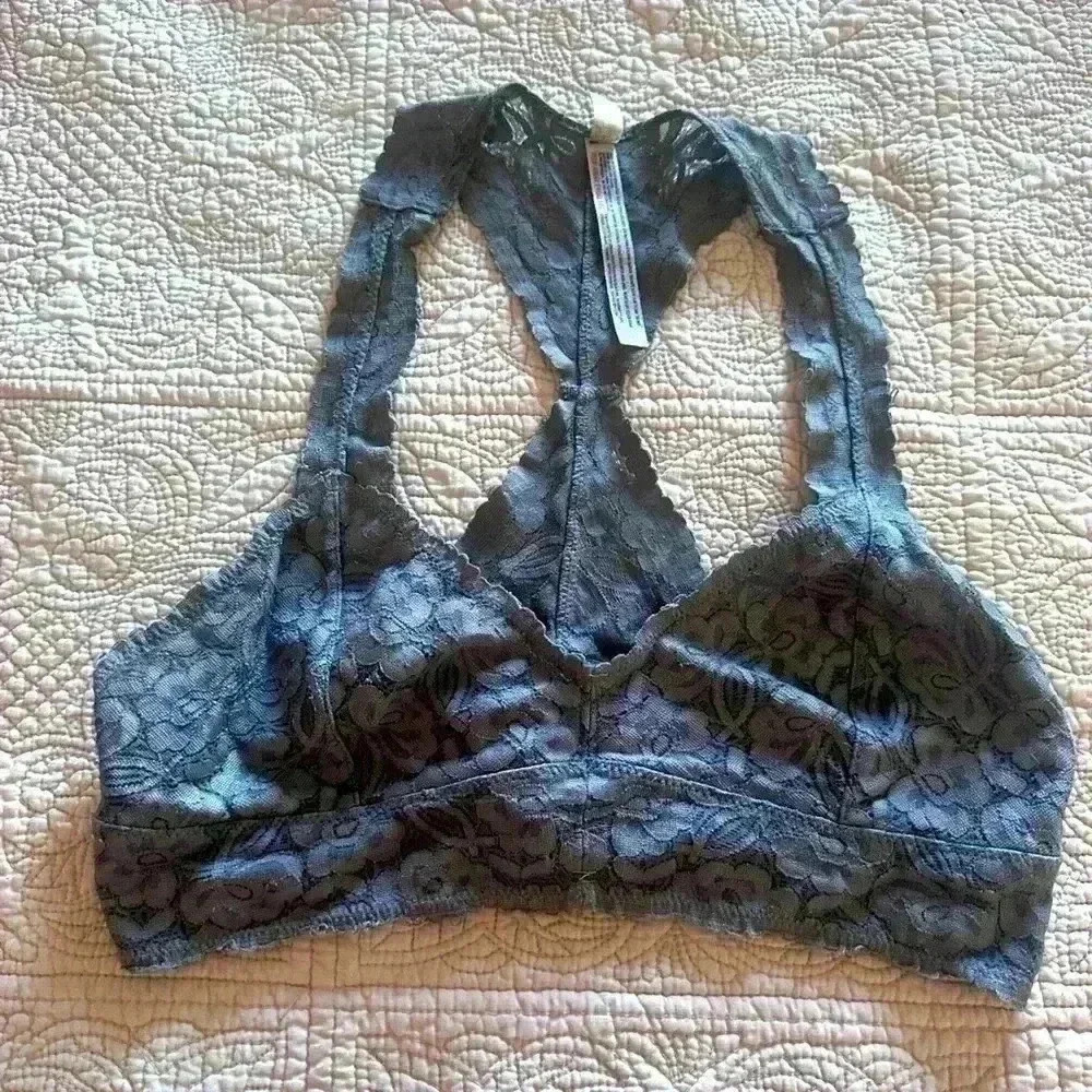 Free People Charcoal Gray Lace Bralette Medium, Racerback Style Intimately